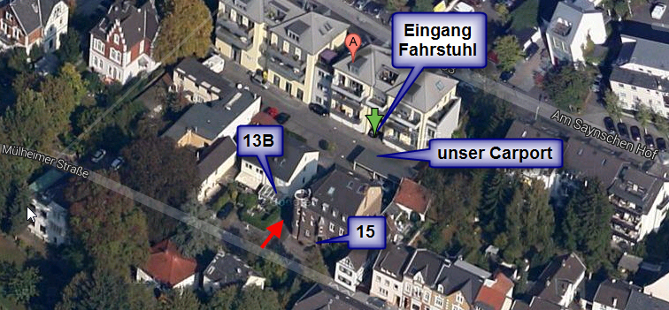 Luftbild: Einfahrt zwischen Mühlheimer Str. 13B und 15, Carport und Aufzug